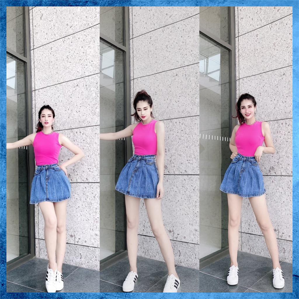 Quần váy jeans, quần bò giả váy dáng xòe, lưng cao túi nắp 1 khuy điệu đà sang chảnh V2115