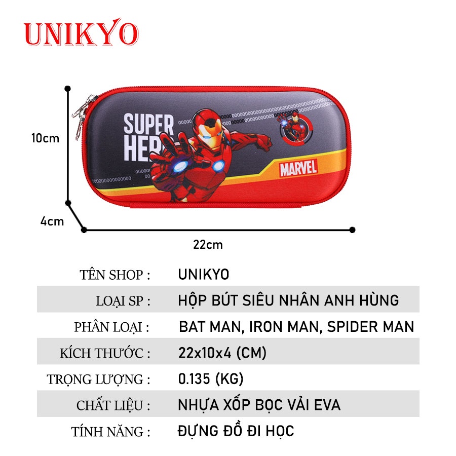 Hộp đựng bút đa năng trẻ em học sinh cao cấp bọc vải hình siêu nhân anh hùng chất lượng cao cho bé trai Unikyo UN28
