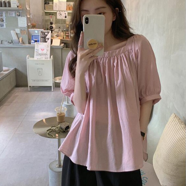 SUXI Áo Sơ Mi Tay Phồng Ngắn Cổ Vuông Màu Sắc Đơn Giản Dễ Phối Đồ Thời Trang Cho Nữ