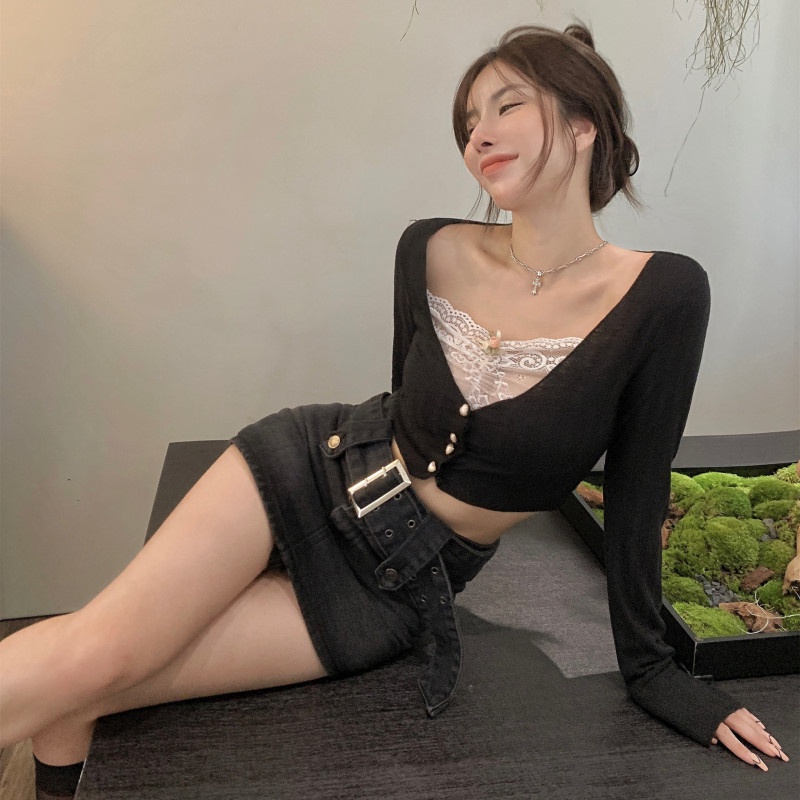 Áo Thun Tay Dài Phối Ren Hoa Thiết Kế Ngọt Ngào Thời Trang Mùa Thu