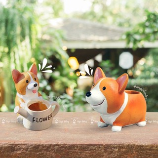 [Combo] 2 Chậu Trồng Cây Sen Đá Xương Rồng Mô Hình Chú Chó Corgi Mini Để Bàn, Trang Trí Góc Học Tập, Quà Tặng Ngộ Nghĩnh