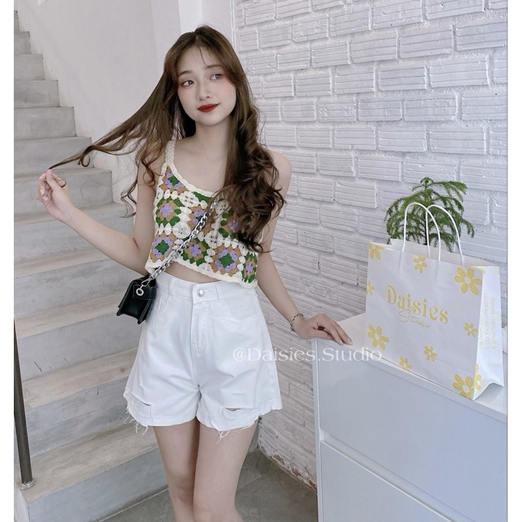 Áo Len Đan Móc 2 Dây Hoạ Tiết Hoa Vintage (hàng Quảng Châu loại 1) Áo kiểu len đan mùa hè