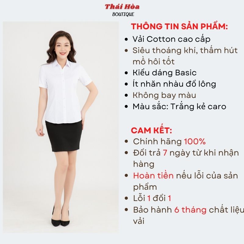 Áo sơ mi nữ trắng công sở ngắn tay kiểu kẻ caro cotton Thái Hoà N65-01-01