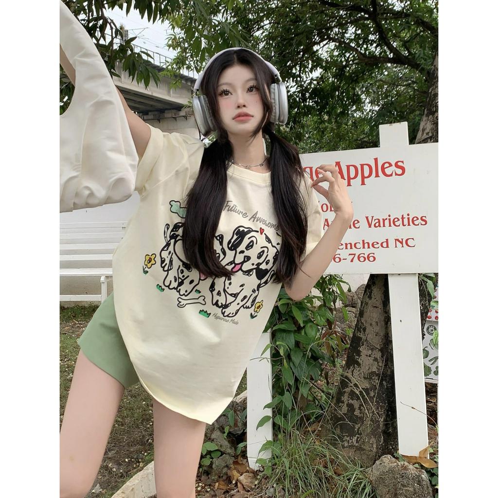 「 WELOVE1 」Áo Thun Nữ Tay Ngắn Cổ Tròn Dáng Rộng In Hình Chú Cún Đốm Dễ Thương Phong Cách Hàn Quốc Mới
