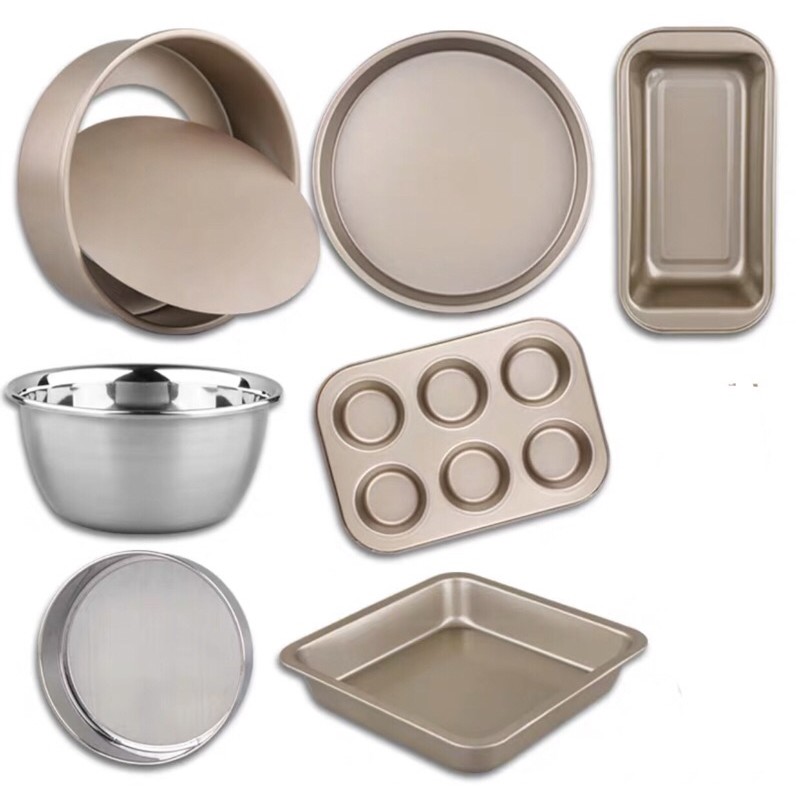 Bộ 7 Khuôn/Âu Trộn/Khay Pizza/Rây Bột/Cupcake Chống Dính