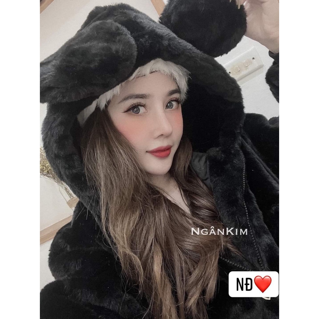 Áo khoác lông tai gấu, áo khoác lông thỏ tai gấu phong cách Hàn Quốc
