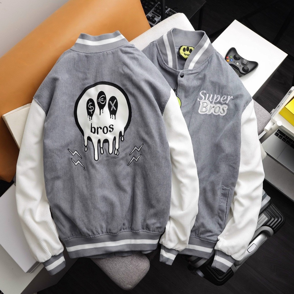 Áo Khoác BomBer Super Bros Nhung 2 lớp thêu mặt quỷ logo thêu cao cấp 1kenz