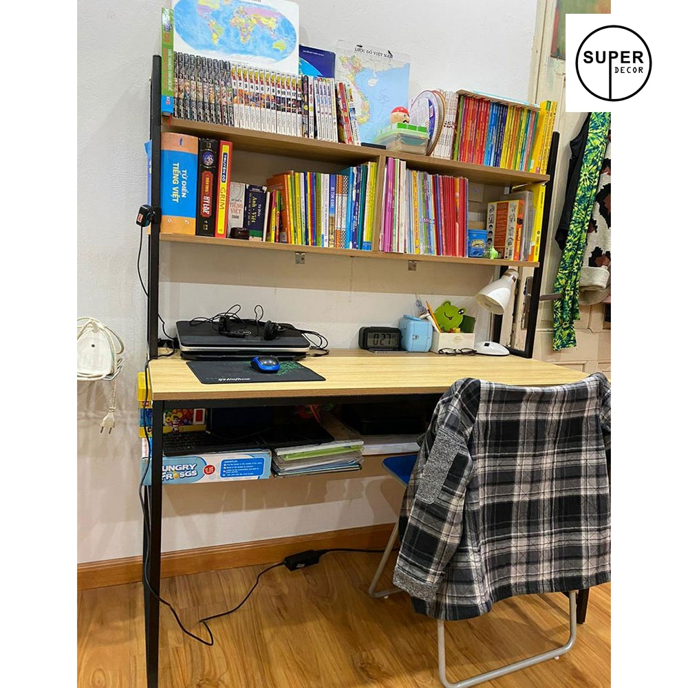 Bàn làm việc khung sắt kèm giá sách trên mặt bàn dễ dàng lắp ráp, khung sắt sơn tĩnh điện chắc chắn gỗ dày17mm