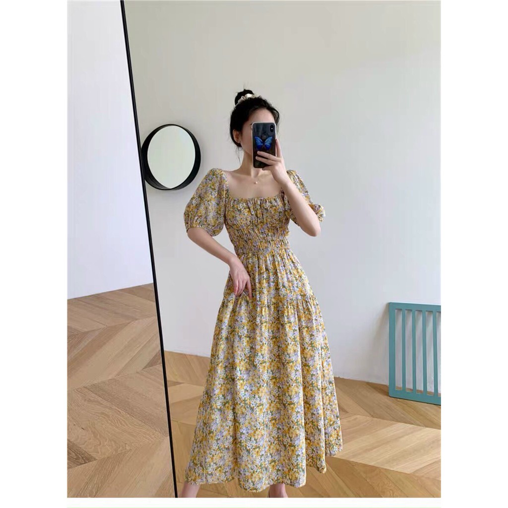 đầm bông lụa dáng suông cổ vuông ngắn tay