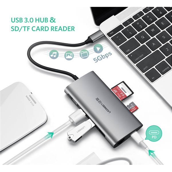 [Mã 159ELSALE hoàn 7% xu đơn 300K] Cáp USB type-C to VGA/USB 3.0/SD/TF/Lan Ugreen 50539