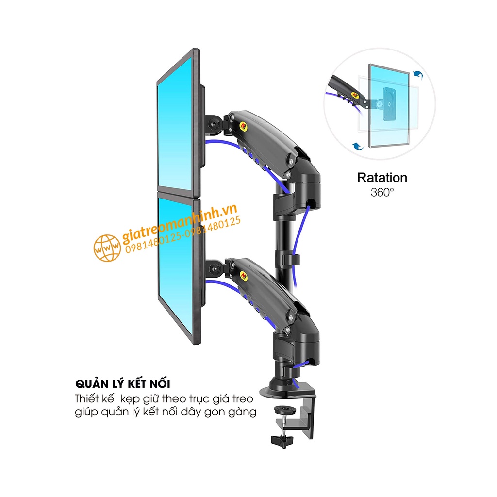 Giá Treo Màn Hình NB-H160 - Xếp 2 Màn 17-27 Inch Trên Dưới - Tải Trọng 9Kg