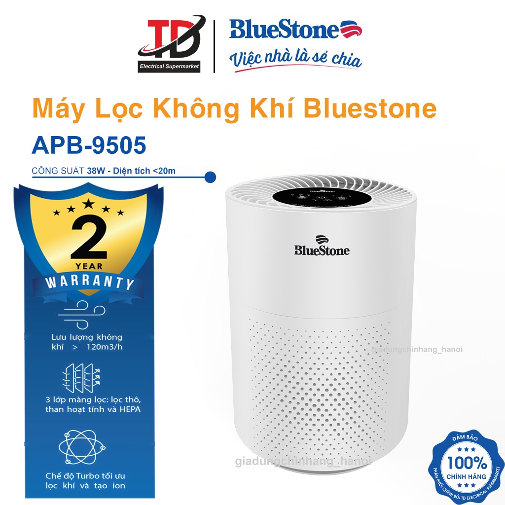 Máy lọc không khí BlueStone APB-9505, Công Suất 38W Dùng Cho Phòng &lt;20m2, Bảo Hành Chính Hãng 2 Năm