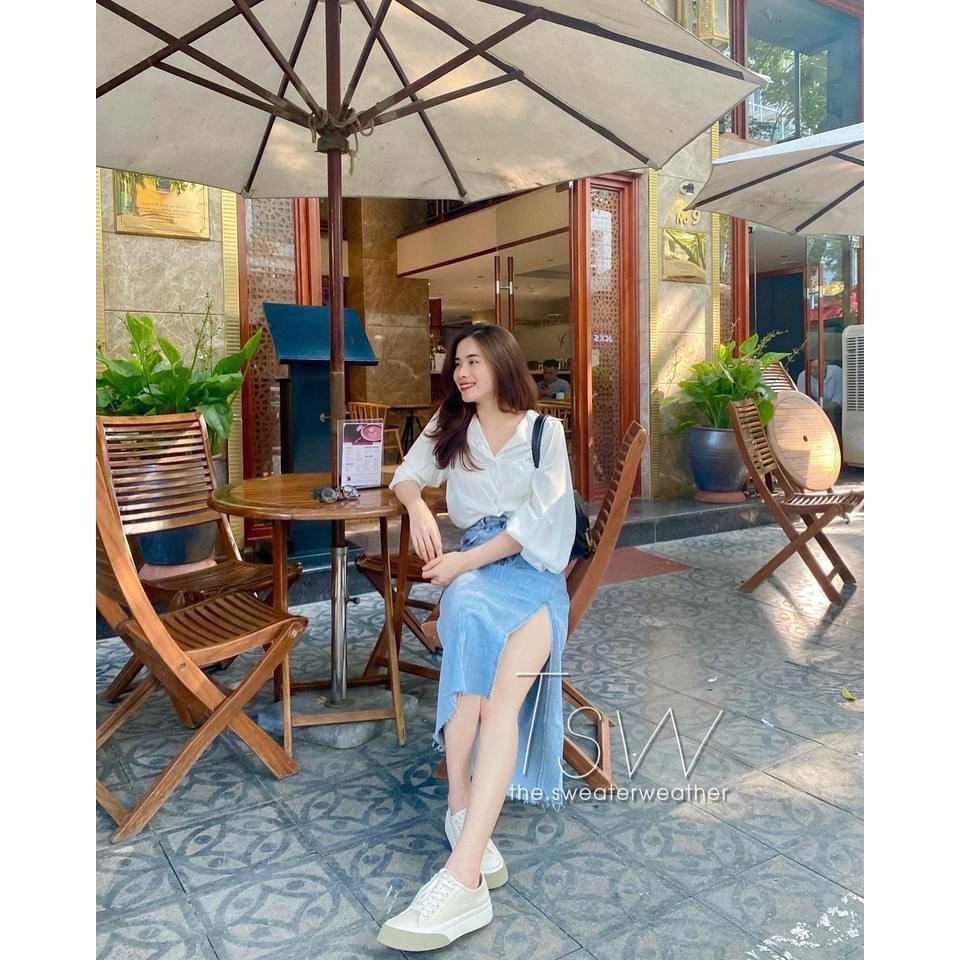 Chân Váy Denim Chữ A Lưng Cao Xẻ Tà Phong Cách Hàn Quốc