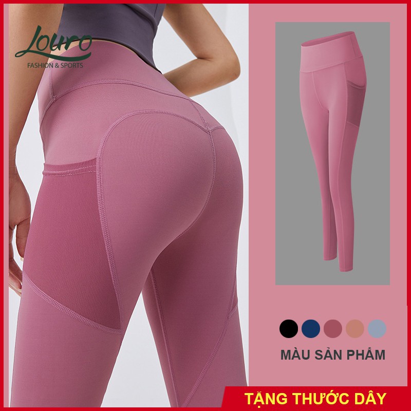 Quần tập Gym, Yoga nữ dài có túi Louro QL12, kiểu quần tập legging nâng mông, cạp cao co giãn 4 chiều, thoáng mát