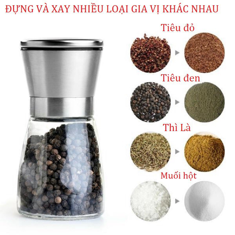 Lọ cối xay tiêu cầm tay nắp inox lọ thủy tinh điều chỉnh tiện lợi dễ dàng sử dụng sang trọng cho căn bếp