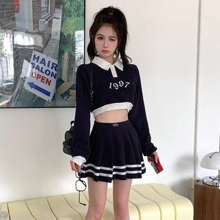 Bộ Áo Nỉ Dài Tay In Họa Tiết + Chân Váy Mini Lưng Cao Xếp Ly Thời Trang Hàn Quốc Cho Nữ #8