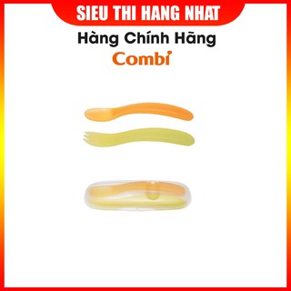 Bộ thìa dĩa tập ăn cho bé màu xanh có hộp Combi chất liệu nhựa cao cấp an toàn, có hộp đựng đi kèm, xuất xứ Nhật Bản