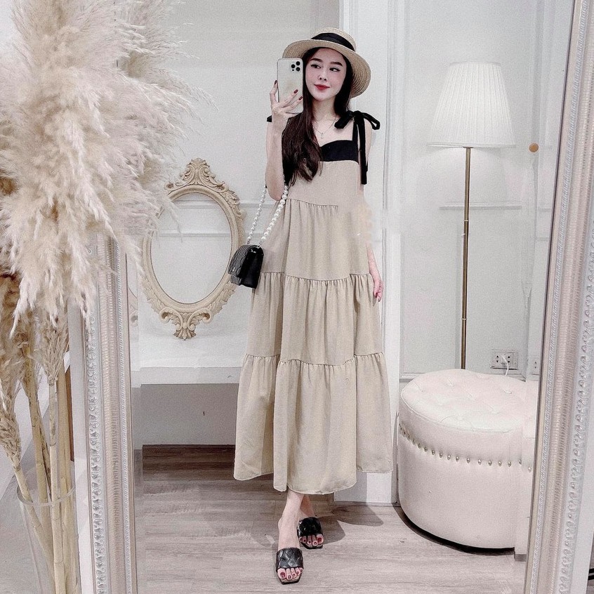 Đầm Suông Trơn 2 Dây Phối Nơ Vai Váy Đũi Tầng
