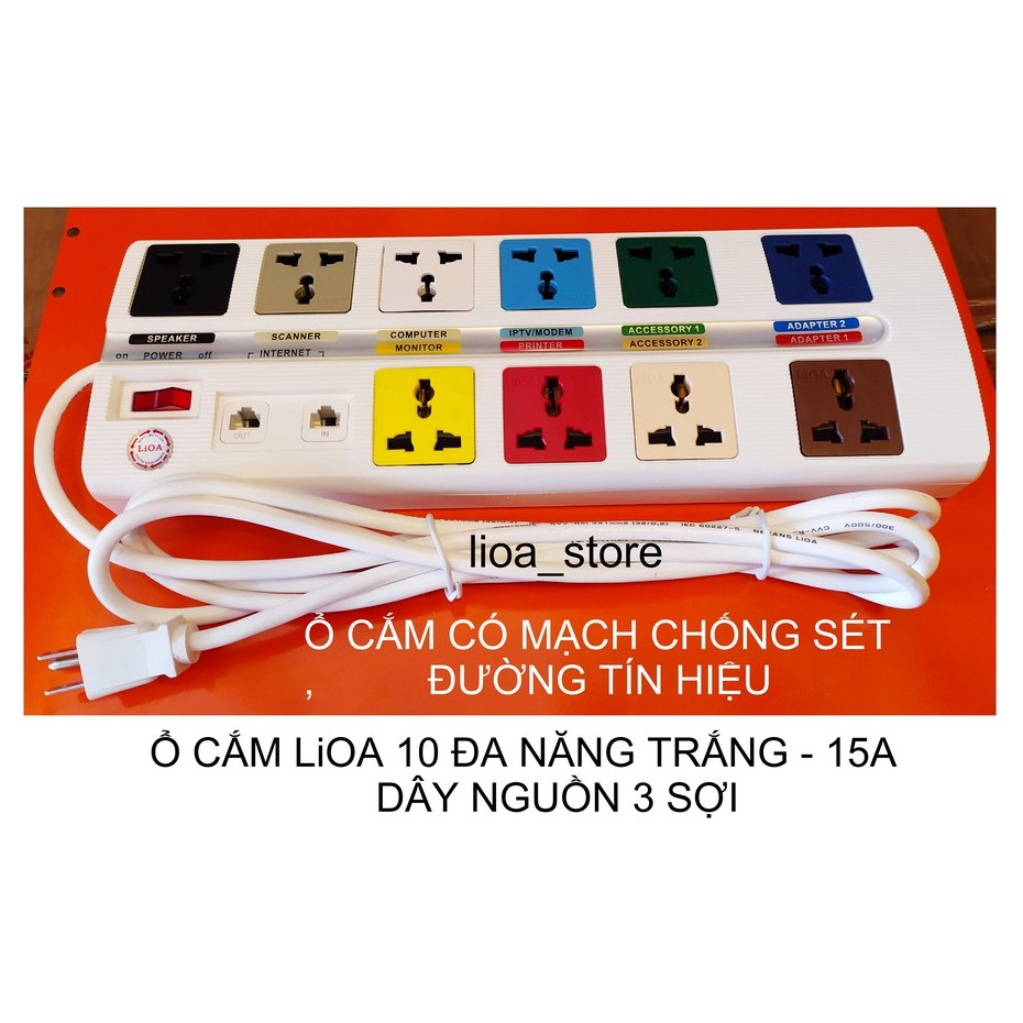 Ổ CẮM LiOA 10 ĐA NĂNG CÓ MẠCH CHỐNG SÉT ĐƯỜNG THÔNG TIN VÀ DÂY TIẾP ĐẤT.