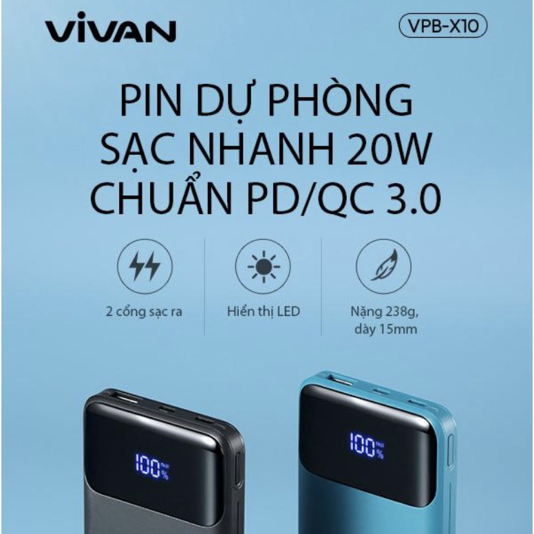 Pin Sạc Dự Phòng Sạc Nhanh PD/QC 3.0 Chính Hãng 10000mAh  VIVAN VPB-X10 20W - 2Output Type C &amp; USB BenZ Store