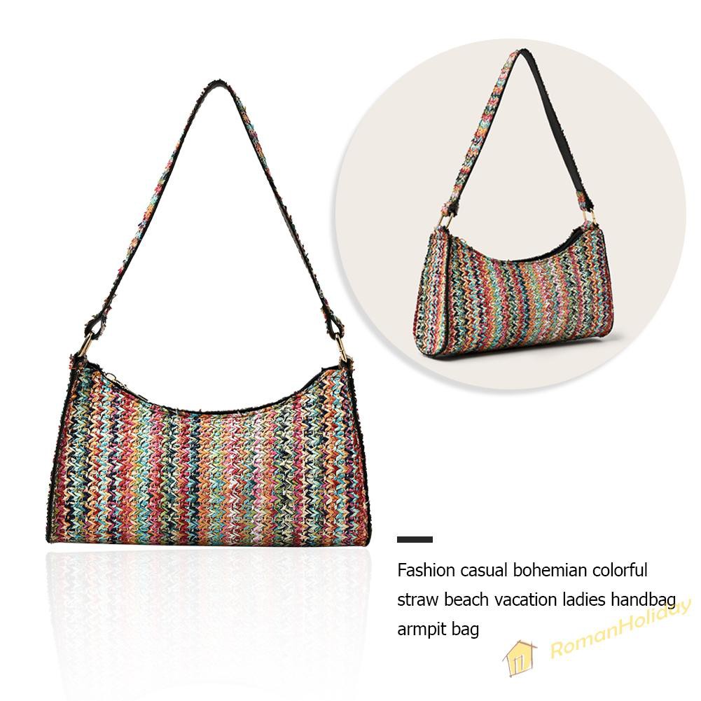 【On Sale】Bohemian Women Straw Woven Shoulder Hobos Bag Beach Small Handbag Purse