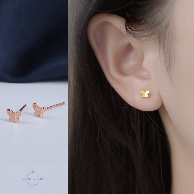 Đôi bông tai bạc nữ cánh bướm mạ vàng hồng Asimi, bông tai bạc Ý S925 mạ cao cấp Pink Butterfly KT23