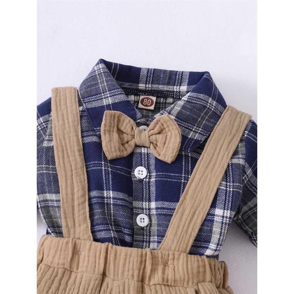 Set đồ 2 món MIKRDOO áo sơ mi tay ngắn cổ thắt nơ họa tiết ca rô và quần đùi yếm thời trang mùa hè cho bé trai sơ sinh