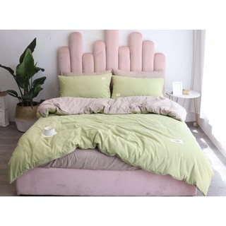 Bộ chăn ga gối cotton tici xanh cốm phối be