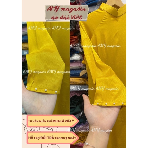 Áo dài truyền thống lụa vân gỗ màu vàng-kèm ảnh thật
