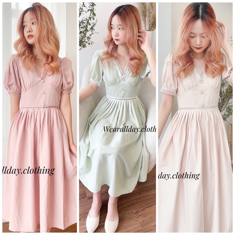 Đầm babydoll cổ V dáng dài tay bồng chiết eo tôn dáng
