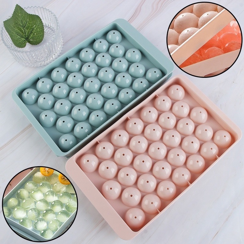 Khuôn Silicone Làm Đá Viên 18/33 Ngăn Hình Viên Kim Cương Tròn Có Nắp Đậy DIY