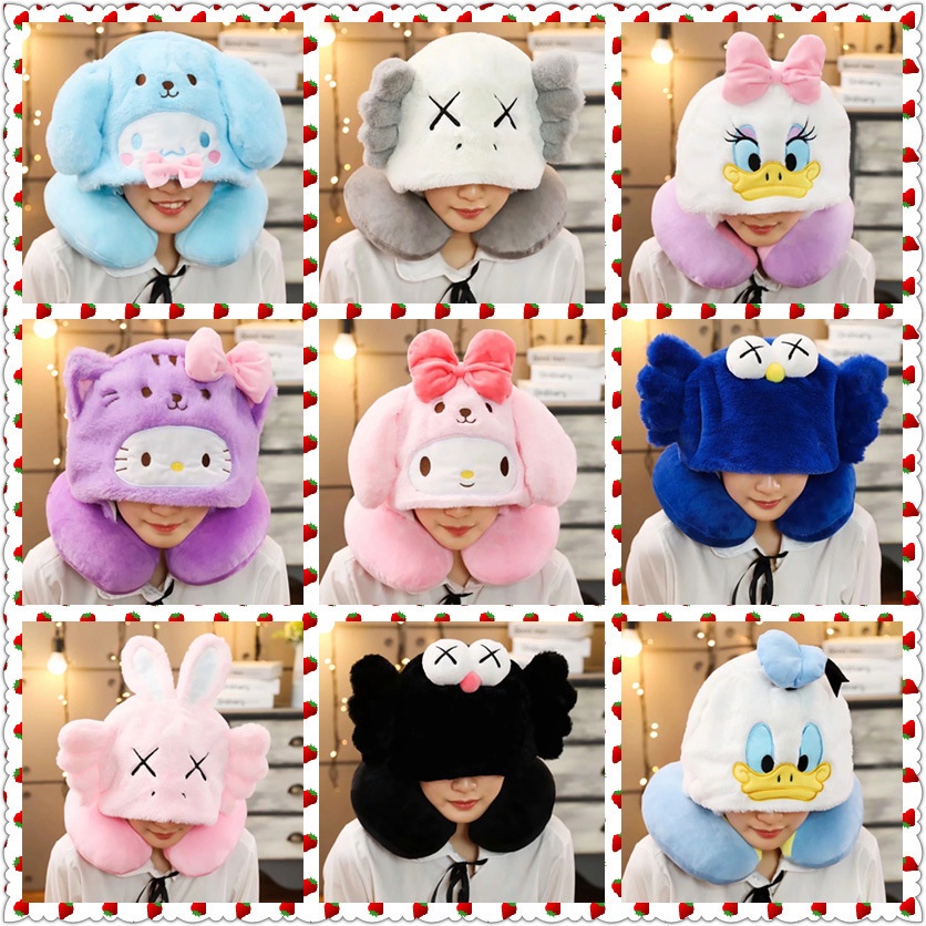 Gối Kê Cổ Chữ U Có Nón Trùm Đầu Hình Kaws BFF Pom Pom Purin kitty melody Dễ Thương