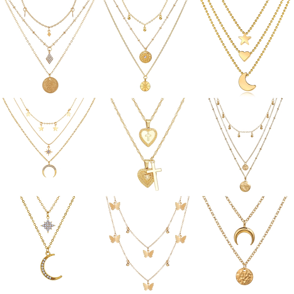 Dây Chuyền Hợp Kim Mạ Vàng Nhiều Lớp Mặt Chữ Có Đính Đá Lấp Lánh Cho Nữ