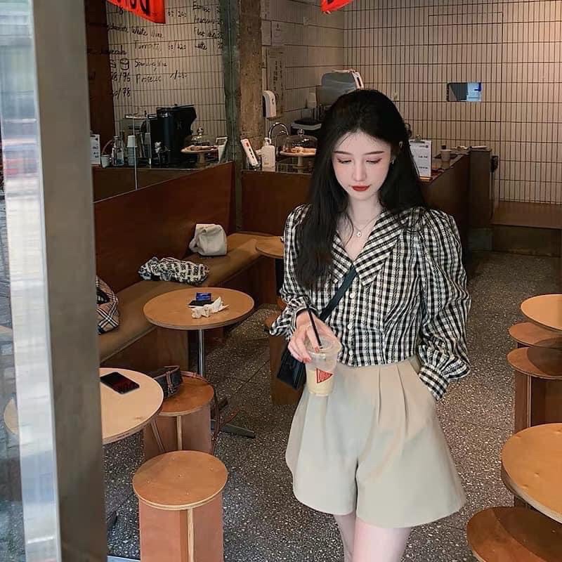 Sơmi kẻ caro vintage Ulzzang dáng crotop