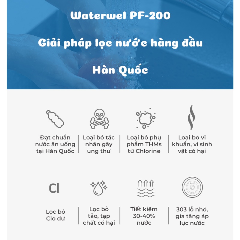 Vòi lọc nước bồn rửa chén, bồn rửa mặt tăng áp Waterwel PF-200 Hàn Quốc,  - Loại bỏ tạp chất, vi khuẩn, clo dư, rỉ sét