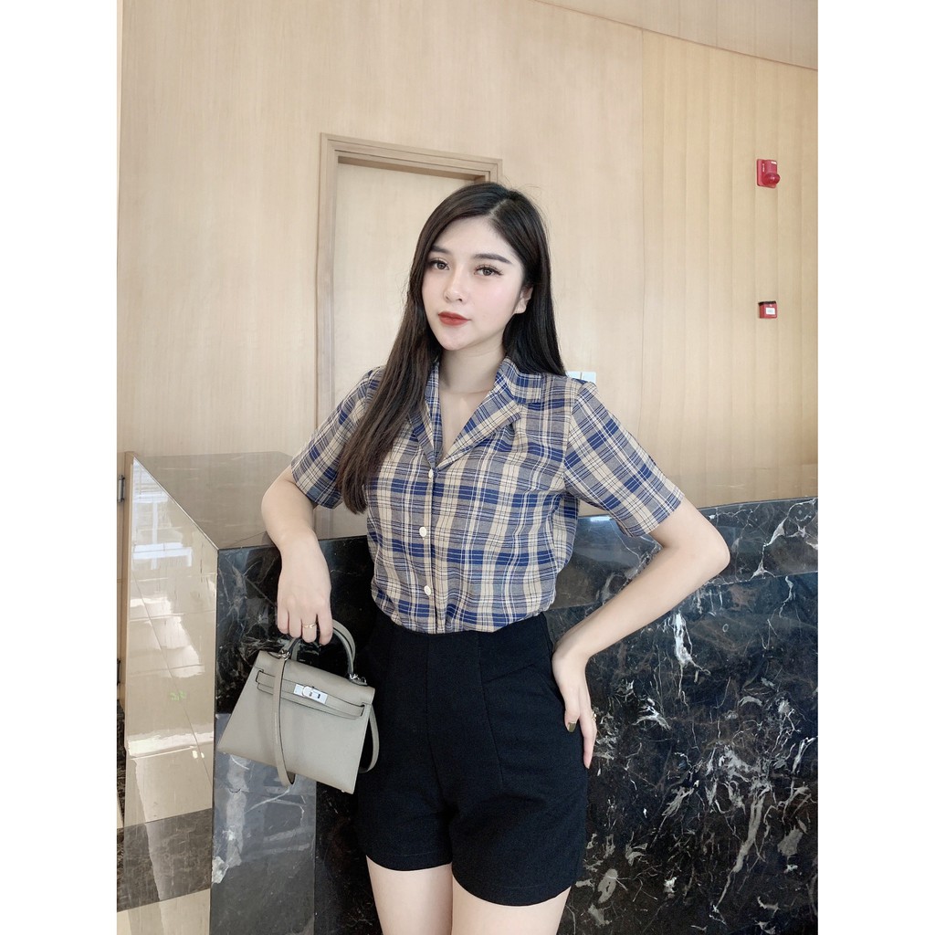 [FASHIONRUN19 - FASHIONHOT19] Áo Sơ Mi Nữ Đẹp Tay Ngắn Kẻ Caro Tím Oliu A22, Áo Sơ Mi Kiểu Hàn Quốc - Mindesign | BigBuy360 - bigbuy360.vn