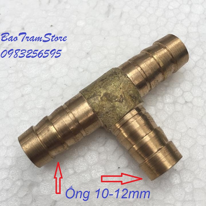 Đuôi chuột chữ T chia 3 nối ống 10-12mm chất liệu đồng thau