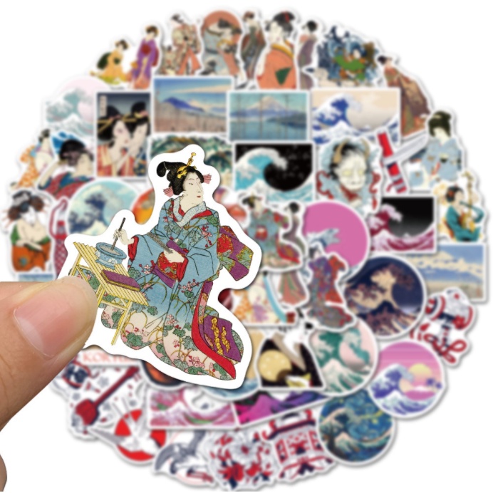 Combo Sticker nghệ thuật Nhật Bản theo phong cách Ukiyo-e không thấm nước, sắc nét dán nón bảo hiểm, laptop