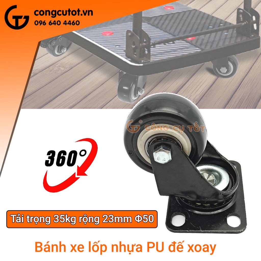 Bánh xe đẩy mặt đế xoay càng sắt tải trọng 35kg lốp nhựa PU đen rộng 23mm Φ50mm