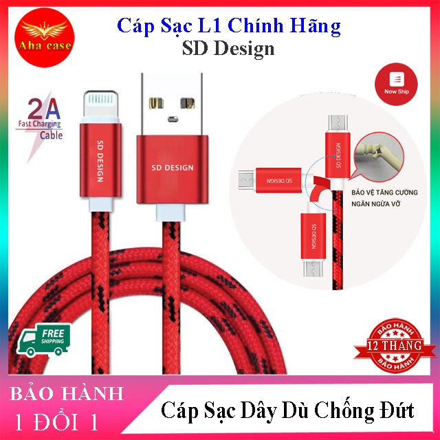 Cáp Sạc iPhone, Micro dây dù L1 chính hãng SD DESIGN xạc điện thoại ổn định siêu bền chống đứt, Bảo Hành 1 Đổi 1