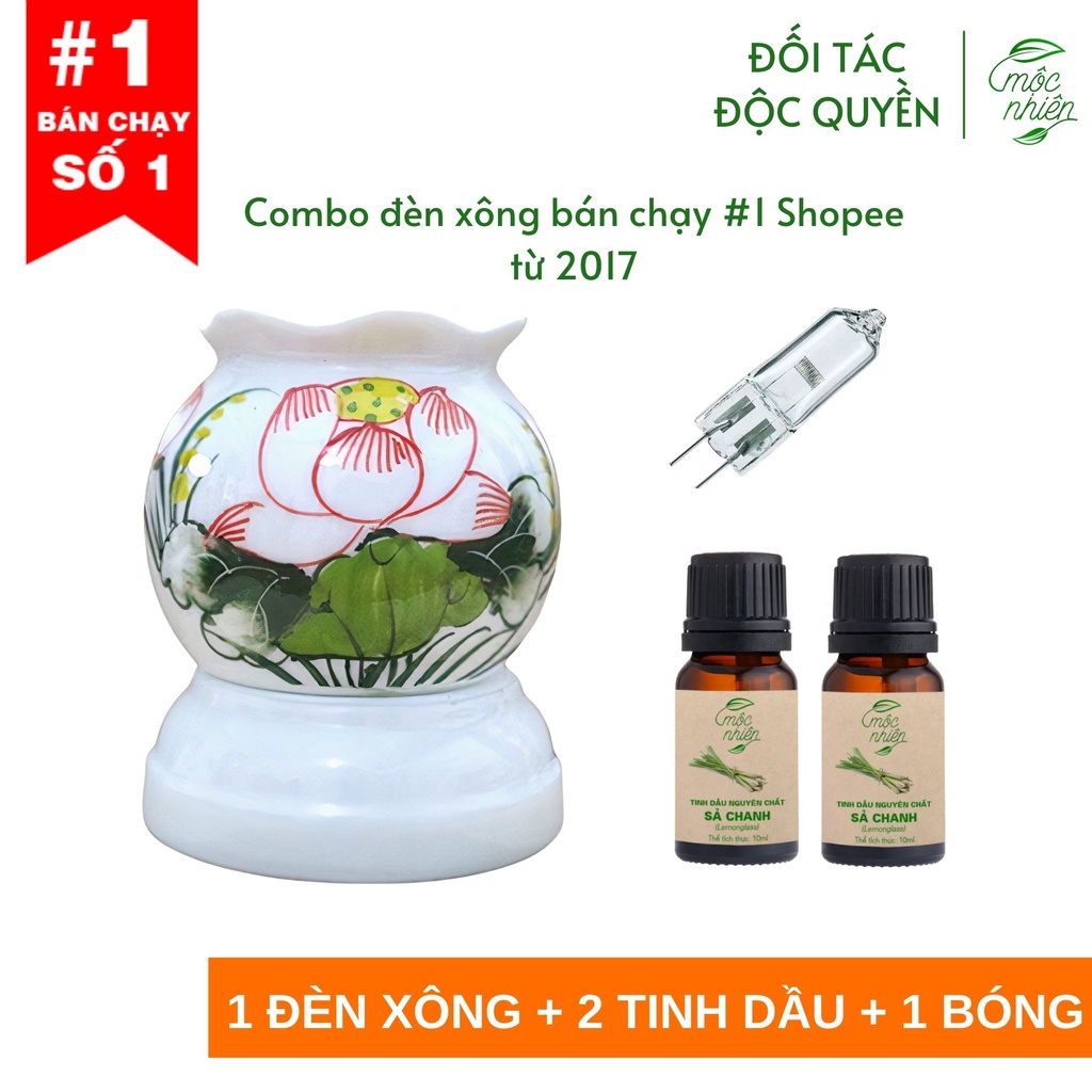 Combo 1 đèn xông tinh dầu gốm Bát Tràng + 2 tinh dầu 10ml Mộc Nhiên (có kiểm định) + 1 bóng đèn dự phòng