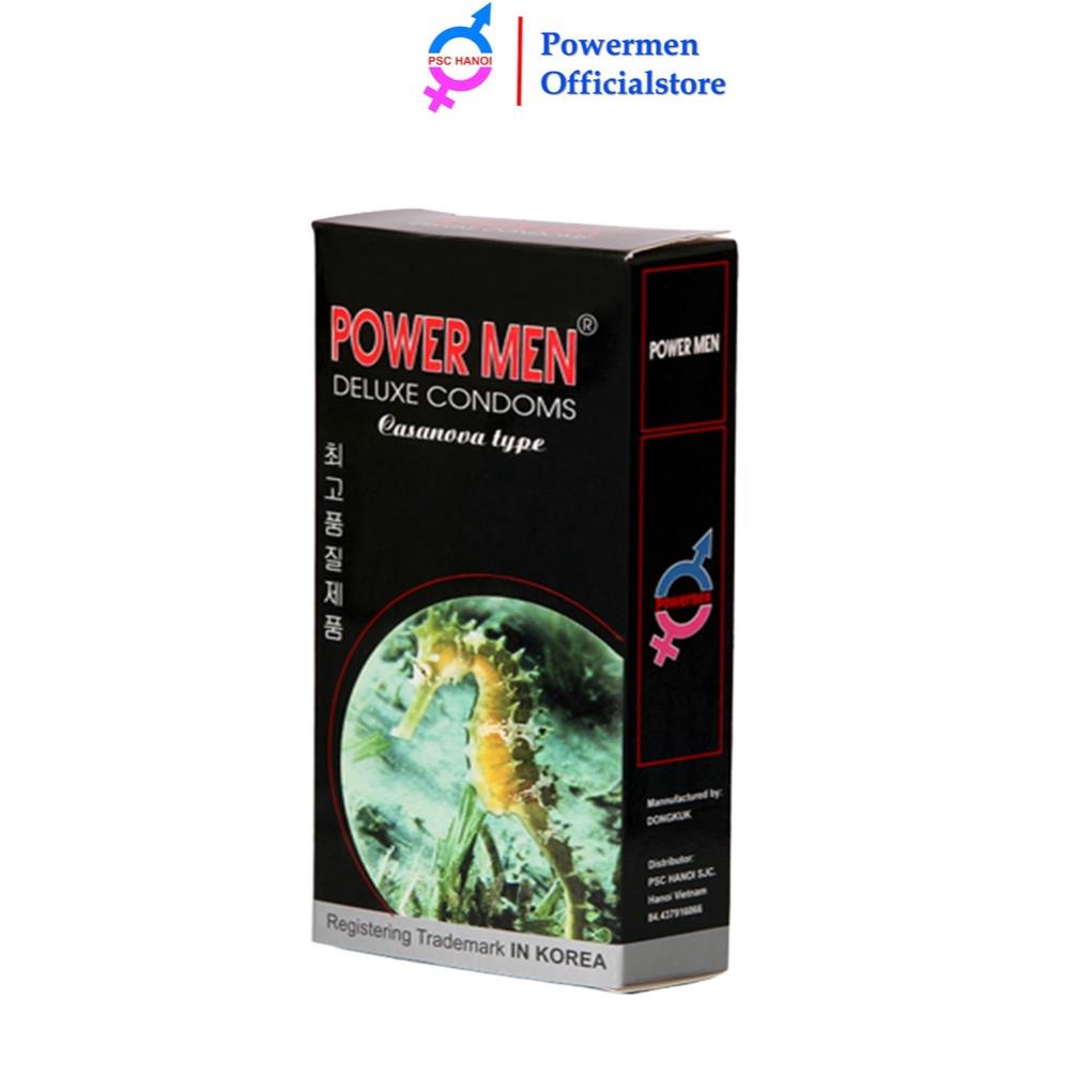 Bao cao su POWER MEN siêu mỏng chứa 5% Benzocain kéo dài thời gian POWER MEN LONGSHOCK cá ngựa đen hộp 12 chiếc