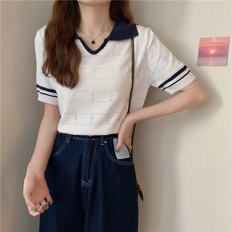 Áo Dệt Kim Tay Ngắn Dáng Rộng Vải Lụa Lạnh Đục Lỗ Thời Trang Cho Nữ