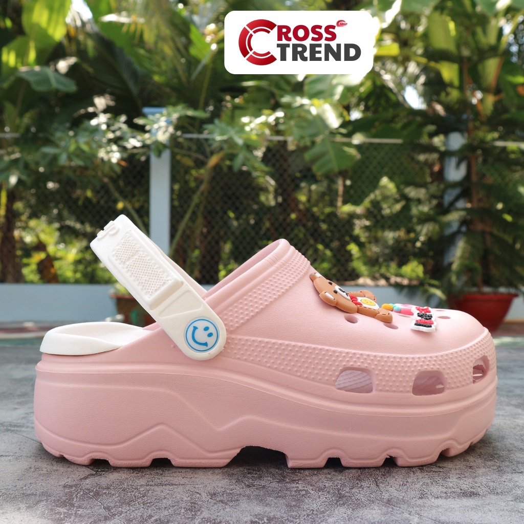 Dép cross, Crocs nữ đẹp Smile Hồng đế cao 4cm hãng Heng Yu 100% nhựa eva siêu êm chân tặng 8 sticker jibitz CROSS TREND