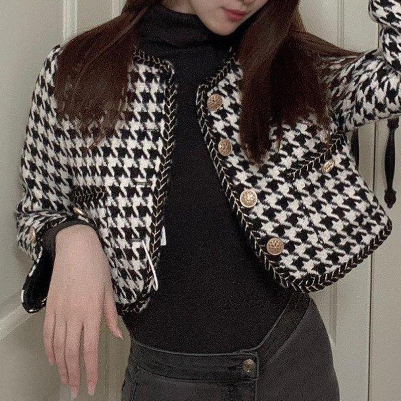 Áo dạ Tweed , Áo cardigan dạ kẻ CARO dáng ngắn tiểu thư