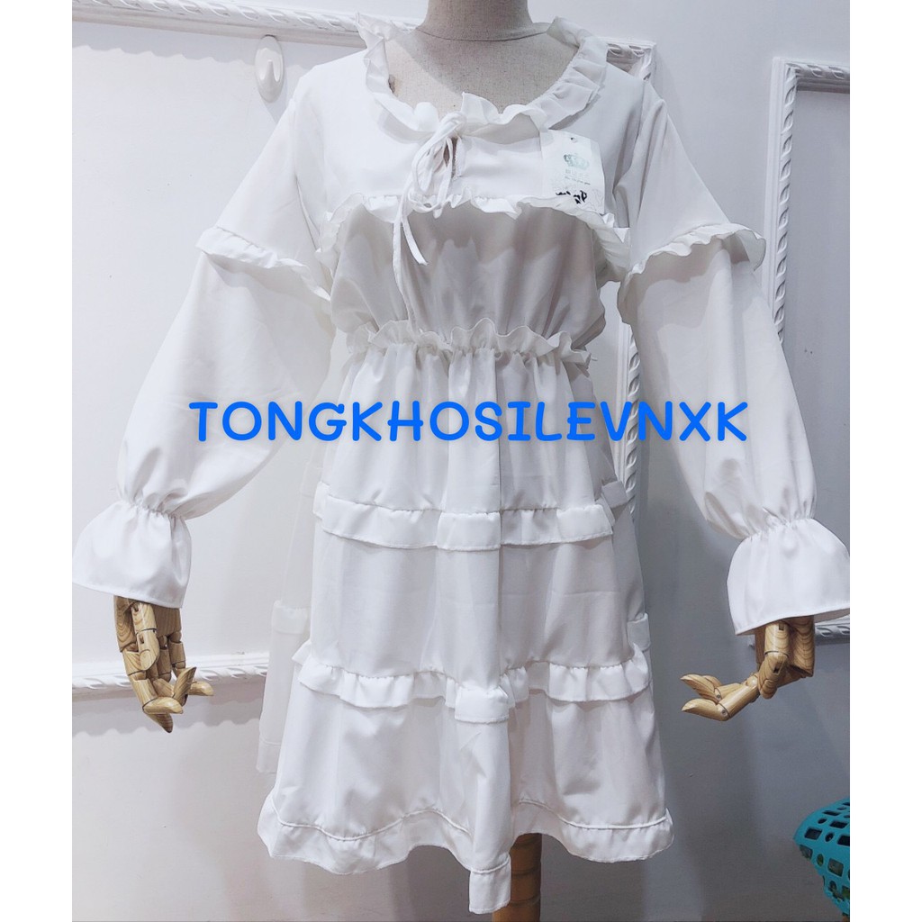 Đầm BabyDoll XY - VÁY 3 TẦNG BÈO XOÈ TIỂU THƯ TAY DÀI BUỘC NƠ ĐEN TRẮNG | BigBuy360 - bigbuy360.vn