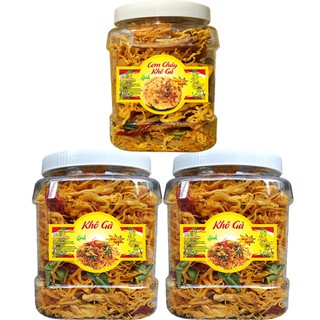 COMBO 1KG KHÔ GÀ LÁ CHANH VÀ 1 HŨ CƠM CHÁY LẮC KHÔ GÀ 300G