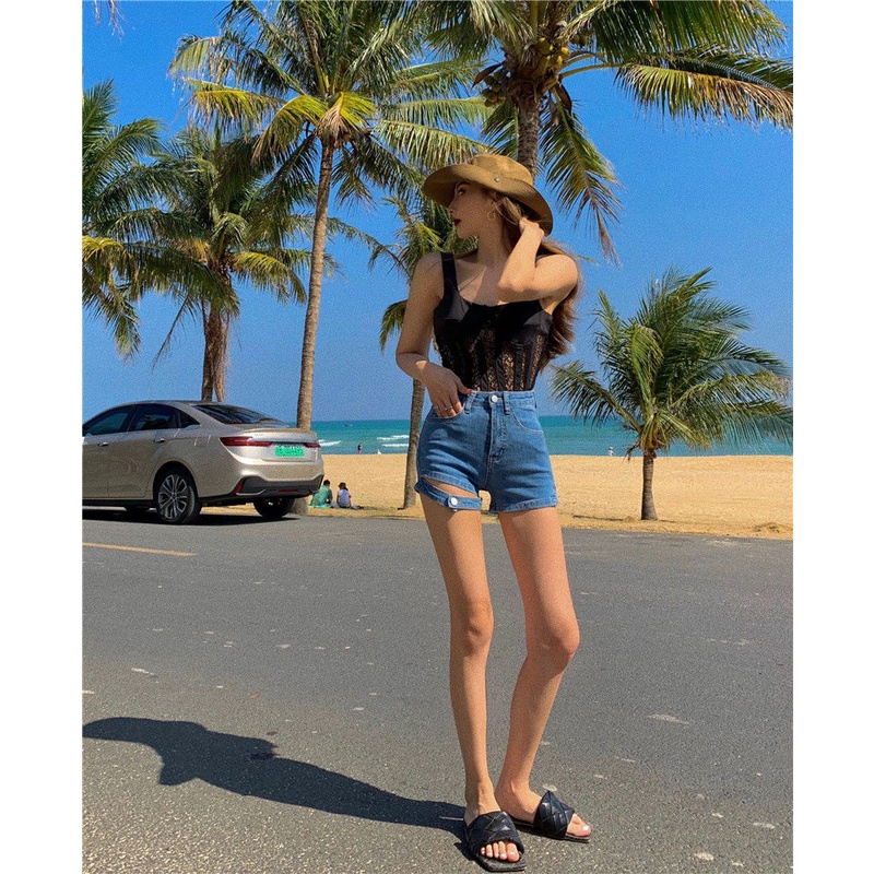 Cocory vn Quần short denim Lưng Cao Dáng Chữ A Thiết Kế Mới Mùa Hè Cho Nữ