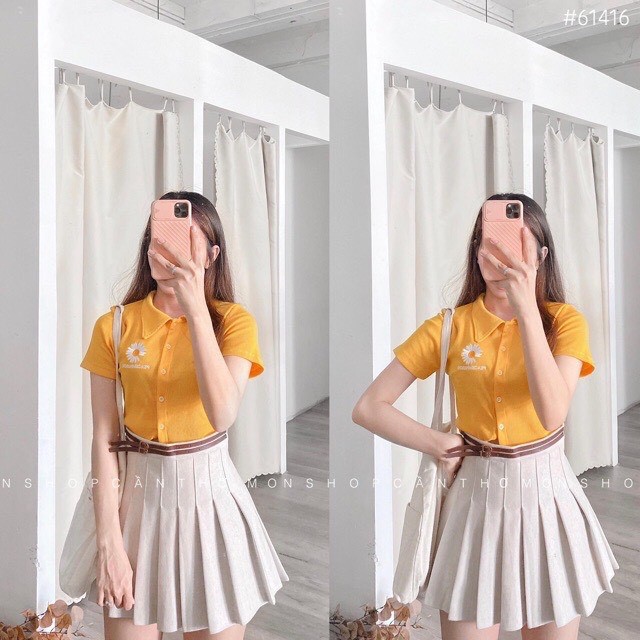 Áo Croptop Cổ Trụ PLO thêu hoa cúc Tay Ngắn Dáng Ôm Nhẹ Ulzzang (5 Màu)