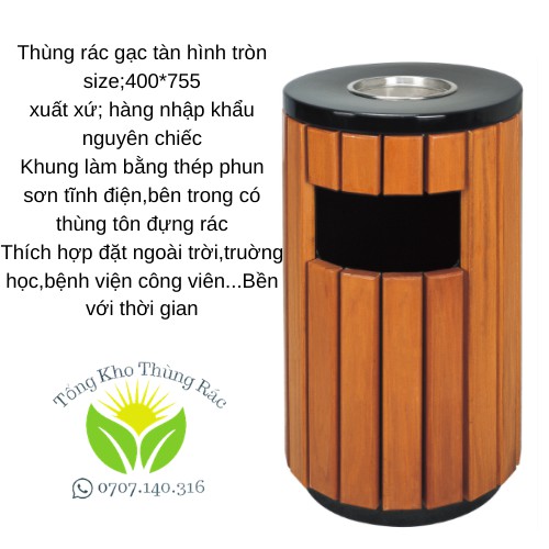 Thùng Rác Inox Ngoài Trời Bọc Gỗ Đế Cao Hình Tròn, L-039